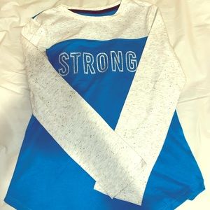 Blue, white sleeved STRONG girls shirt